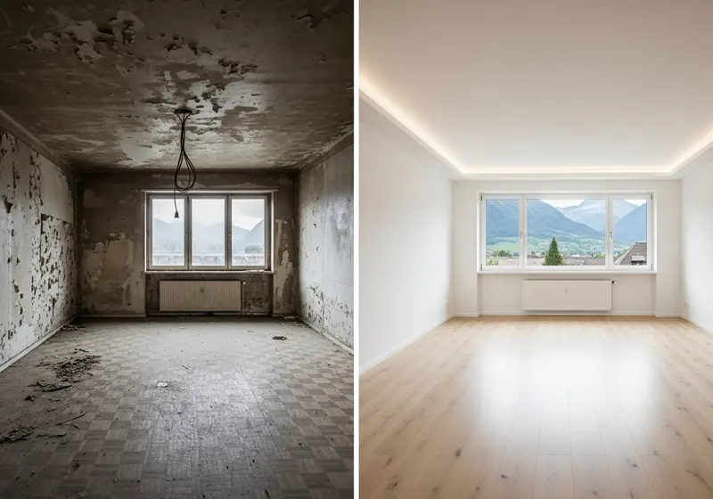 Renovierte Wand- und Deckenflächen in einem Wohnraum
